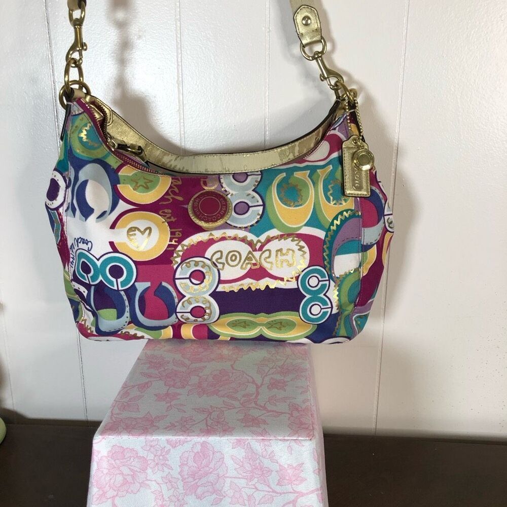 Coach Womens Poppy Pop C Signature One Shoulder Purse Hobo Bag Multicolor Medium